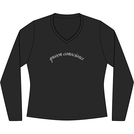 Queen Consciousness Long Sleeve V-Neck Tee — Empowered Feminine Graphic Top