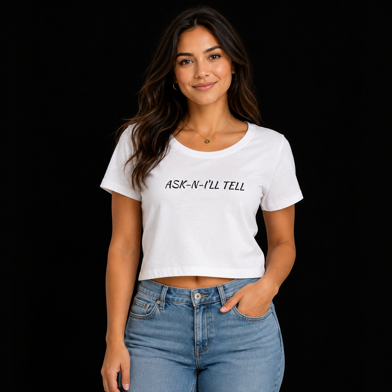 Ask-N-I'll Tell Women's Baby Tee - Playful Script Graphic Crop Top