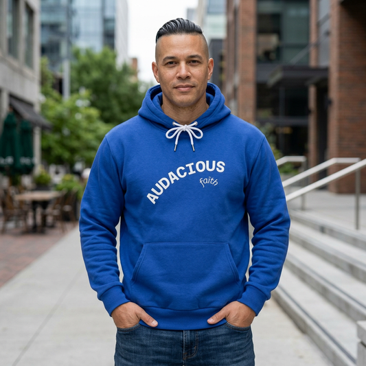 AI-MODEL-Suggest to SIZE DOWN-FYI-Every color hoodie includes white drawstrings-AUDACIOUS FAITH Vibes Pullover