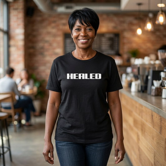 AI MODEL Healed Graphic - Bold White "HEALED" Unisex Shirt | Inspirational Faith & Recovery T-Shirt