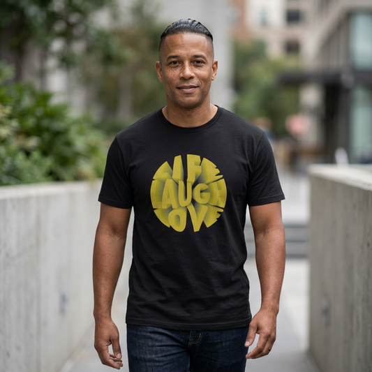 AI MODEL — Retro 'Life Laugh Love' Yellow Circle Graphic Tee