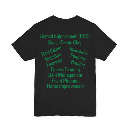 Unisex Jersey Short Sleeve-MY FAMILY DOES IT ALL-GREEN LETTERS