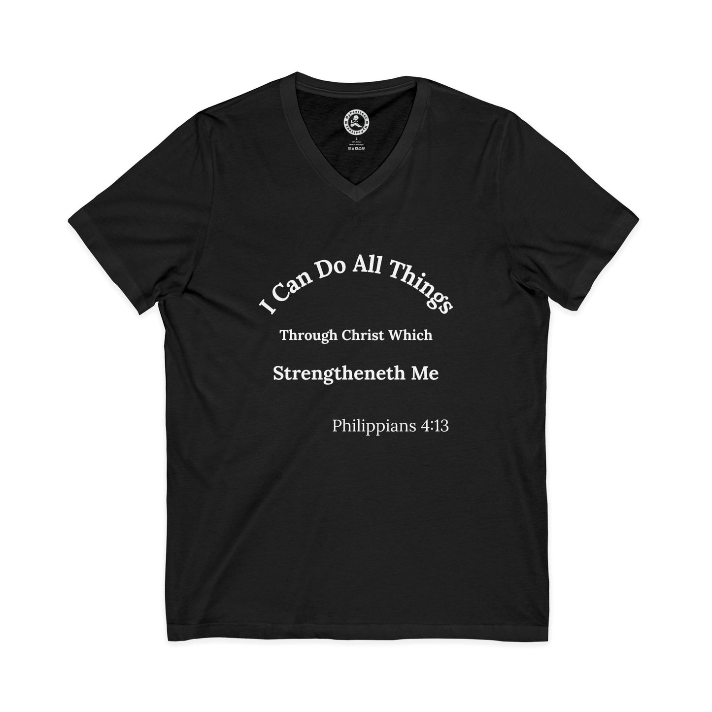 AI MODEL Christian V-Neck Tee — "I Can Do All Things" Philippians 4:13 Inspirational Shirt