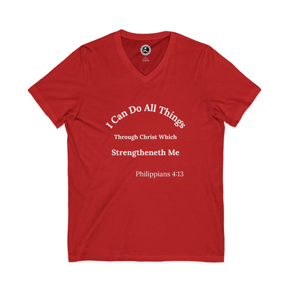 AI MODEL Christian V-Neck Tee — "I Can Do All Things" Philippians 4:13 Inspirational Shirt