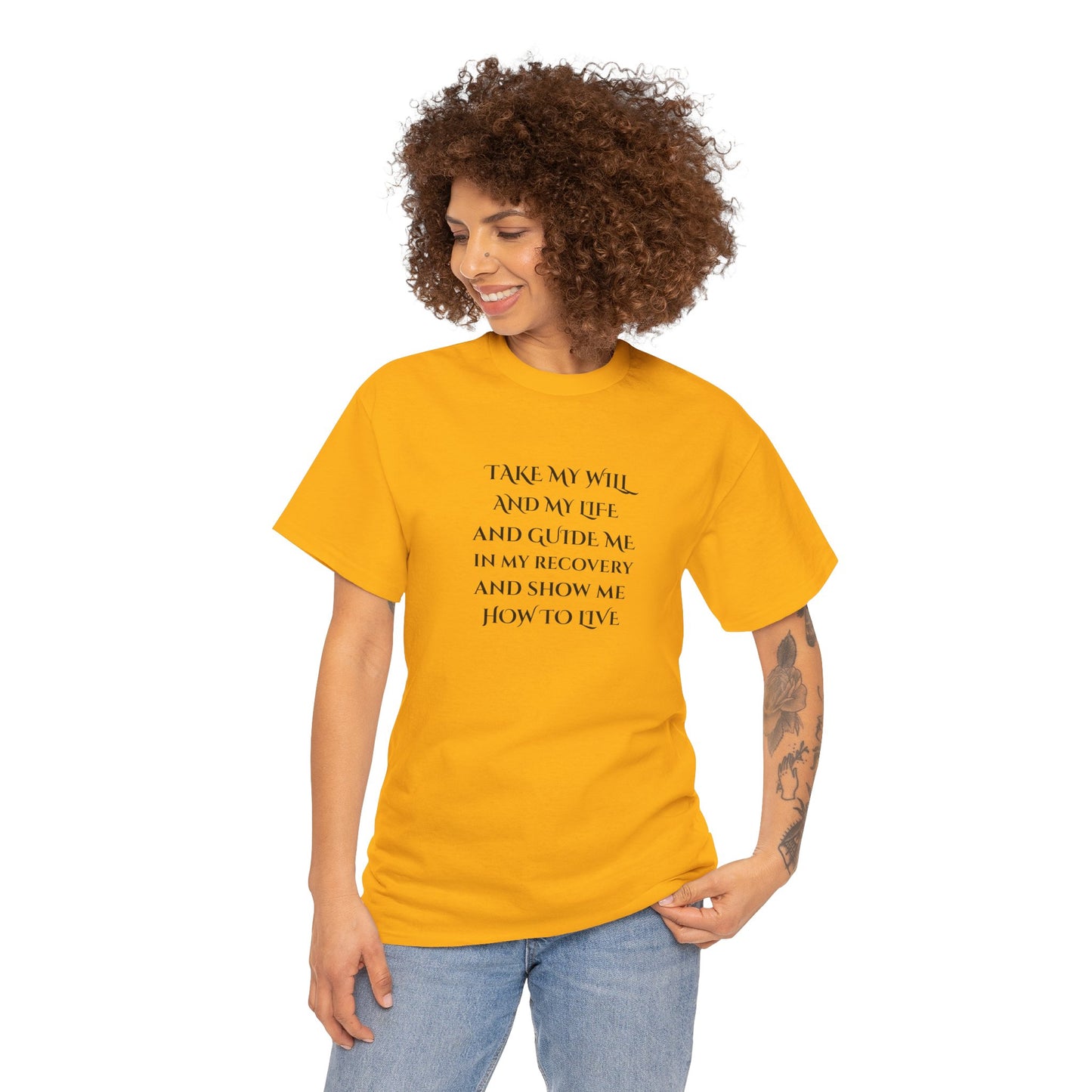 Inspirational Quote Tee — "Take My Will and My Life" Yellow Cotton Shirt