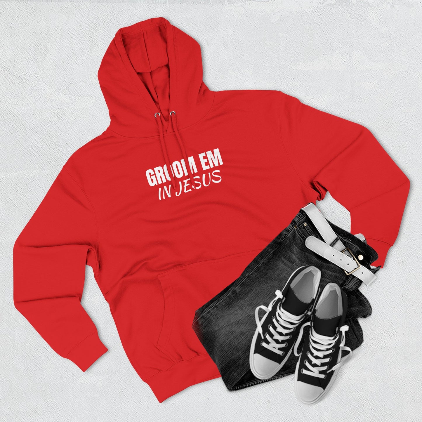 AI MODEL GROOM EM IN JESUS Hoodie — Faith-Based Christian Quote Pullover