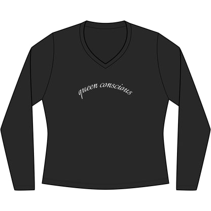 Queen Consciousness Long Sleeve V-Neck Tee — Empowered Feminine Graphic Top