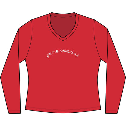 Queen Consciousness Long Sleeve V-Neck Tee — Empowered Feminine Graphic Top