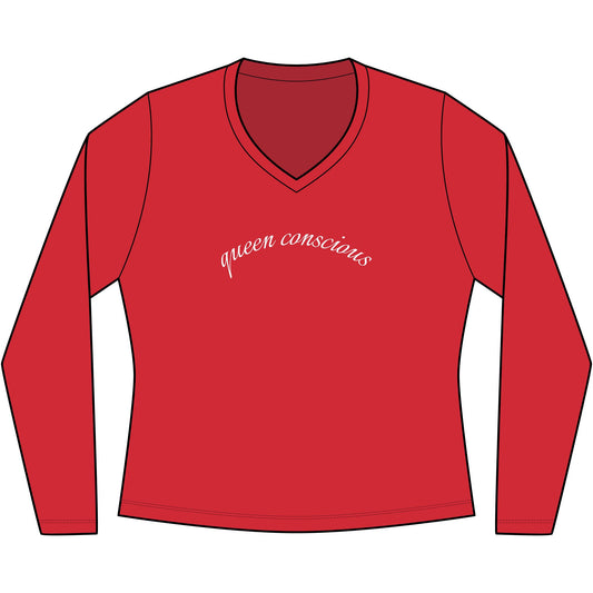 Queen Consciousness Long Sleeve V-Neck Tee — Empowered Feminine Graphic Top