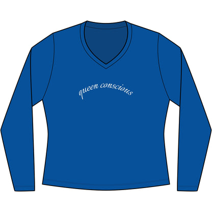 Queen Consciousness Long Sleeve V-Neck Tee — Empowered Feminine Graphic Top