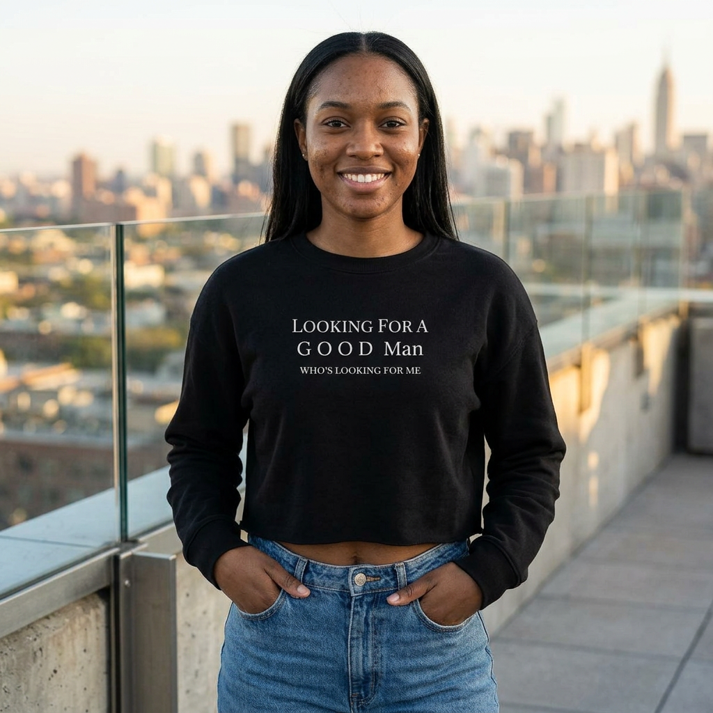 Cropped Sweatshirt — "Looking For A Good Man" Minimal Graphic