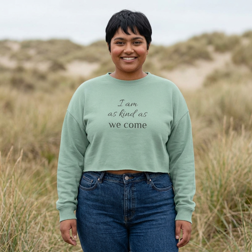 Cropped Sweatshirt — "I am as kind as we come" Script Crop Top