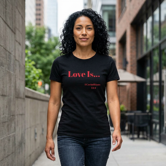 AI MODEL Women's The Boyfriend Tee-Love Is….I Corinthians 13:4