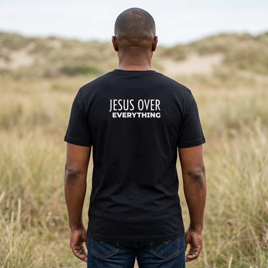 AI-Generated Person-Back Print-Unisex Jersey Short Sleeve-Jesus Over Everything  — Faith-Based Christian Raglan Pullover
