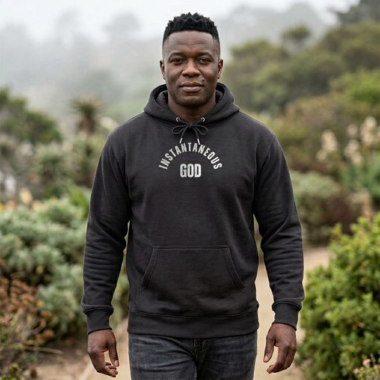 AI-MODEL-Suggest To Size Down-Classic Hoodie "INSTANTANEOUS GOD" Minimal Pullover for Custom Printing