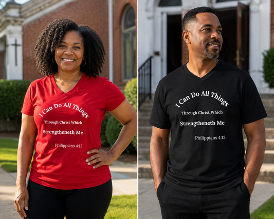 AI MODEL Christian V-Neck Tee — "I Can Do All Things" Philippians 4:13 Inspirational Shirt 2