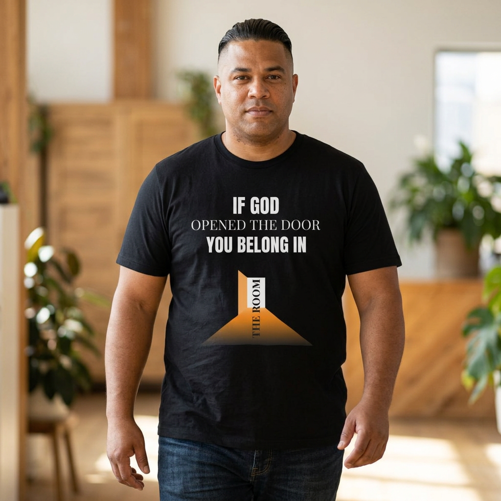 Christian Graphic Tee — "If God Opened the Door You Belong in the Room" Inspirational Shirt