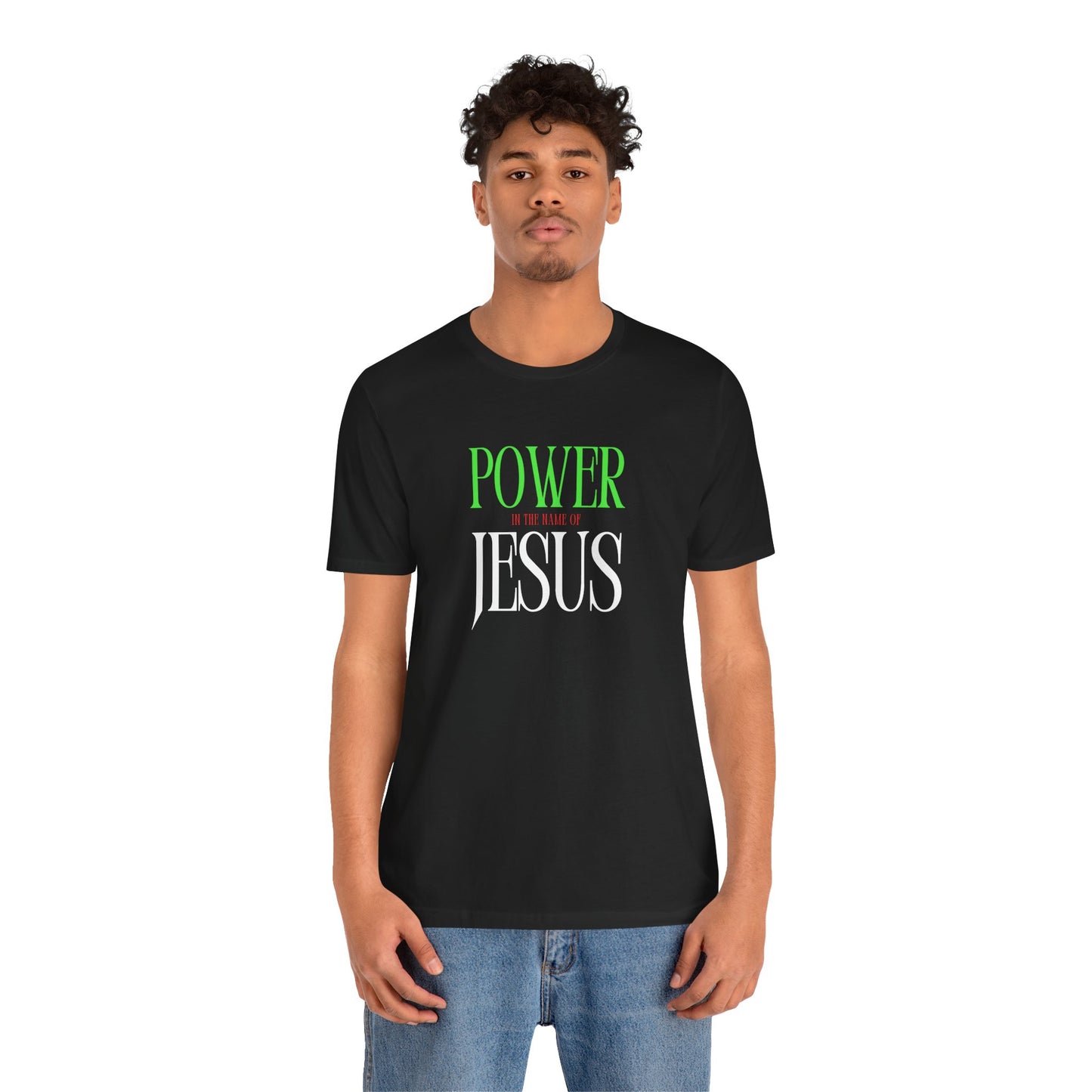 Unisex Power In The Name of Jesus Tee - Black Jersey Short Sleeve Shirt