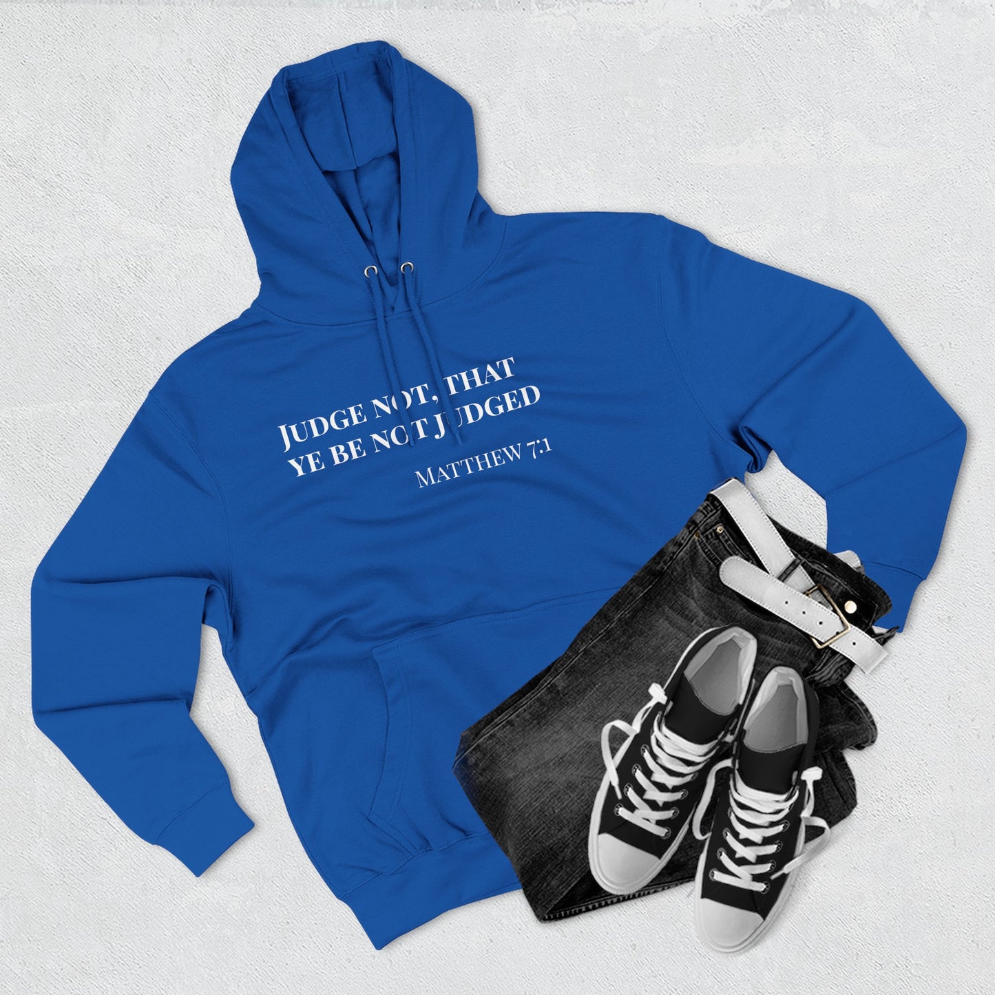 AI MODEL Size Up-Scripture Hoodie - Matthew 7:1 "Judge Not, That Ye Be Not Judged"