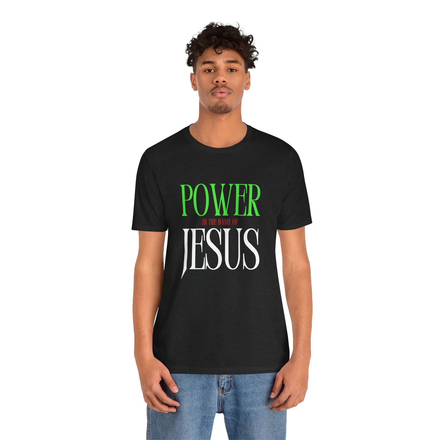 Unisex Power in the Name of Jesus Tee - Black Jersey Short Sleeve Shirt